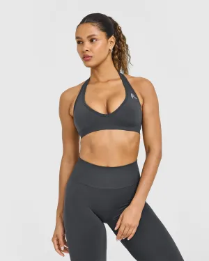Effortless Seamless Halter Neck Sports Bra | Coal Enhanced Mobility Double stitching