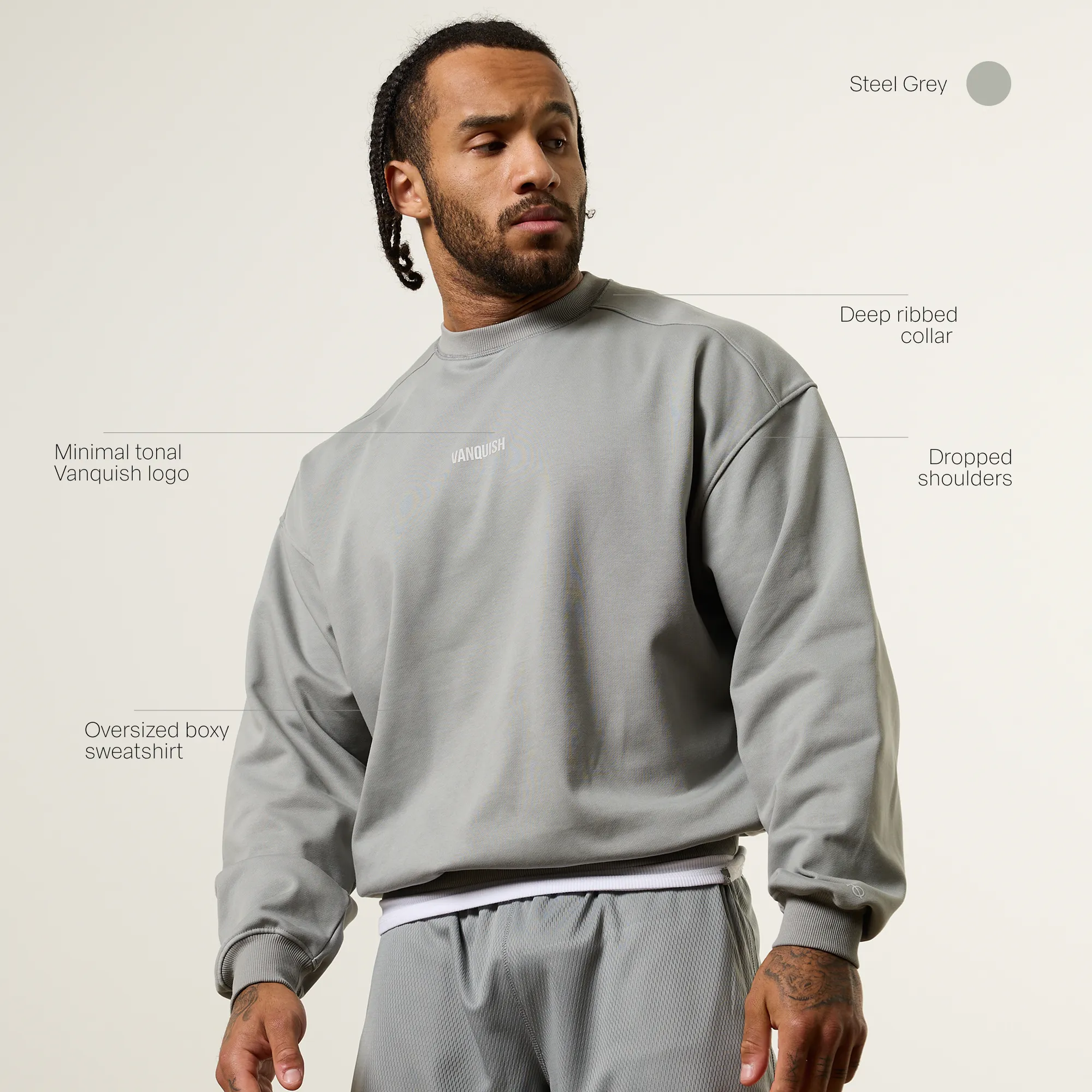 Vanquish Essential V2 Steel Grey Oversized Boxy Sweatshirt Double Layered Hood Beach Walk