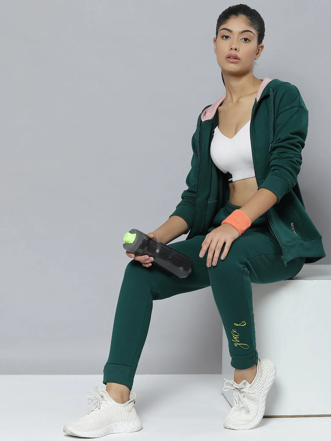 Alcis Women Green Typography Printed Slim Fit Sports Joggers Modern Design Adjustable drawstring