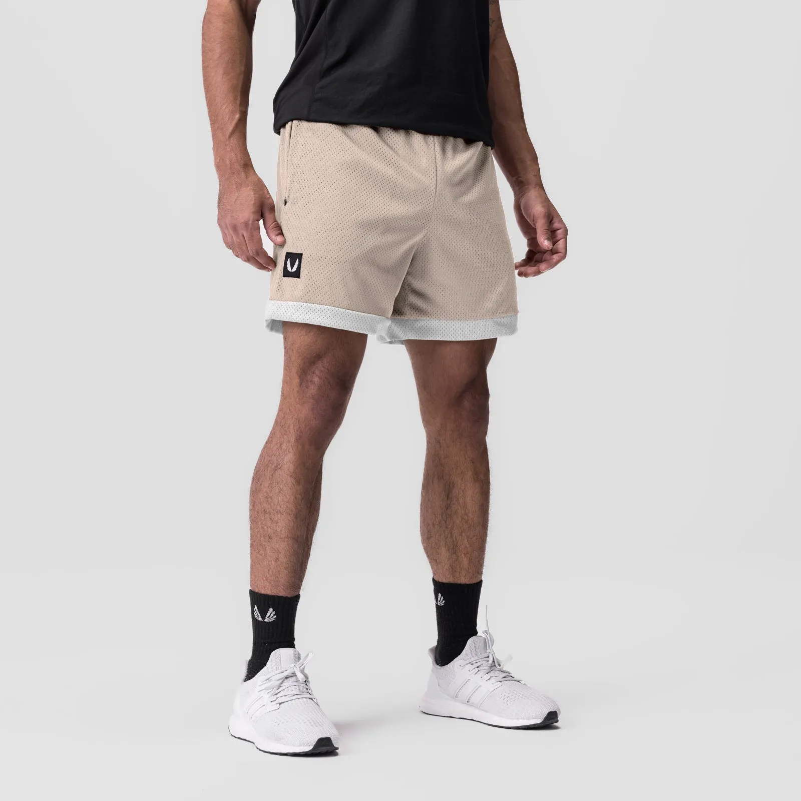 0795. SilverPlus? Mesh Reversible Short - Beige/White Tactile Feedback Loops Gusseted Crotch
