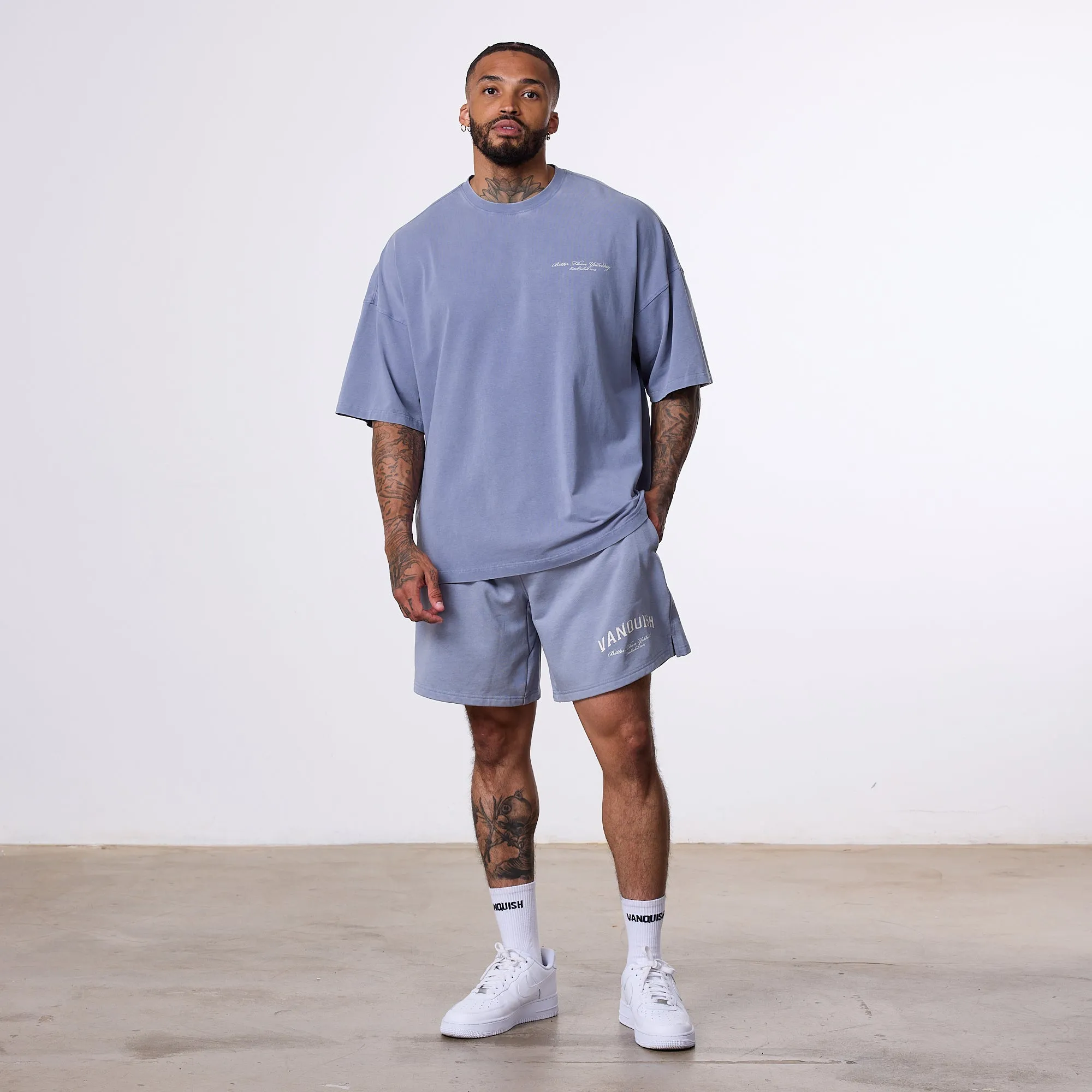 creative industry Go Soft Vanquish Better Than Yesterday Washed Blue Sweat Shorts