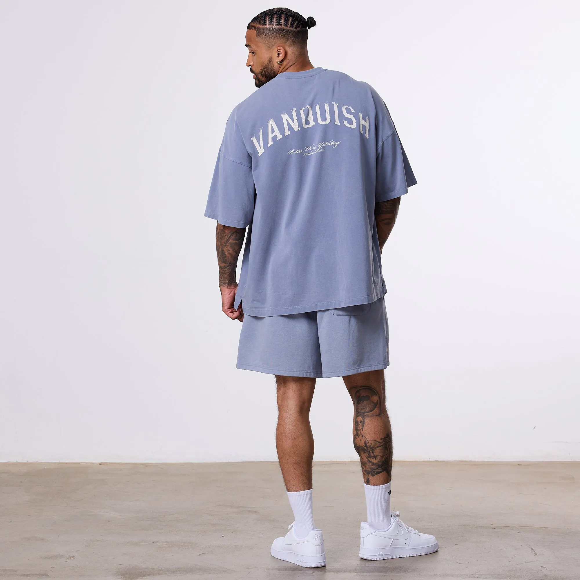 Vanquish Better Than Yesterday Washed Blue Sweat Shorts Dynamic Tension Control hikers