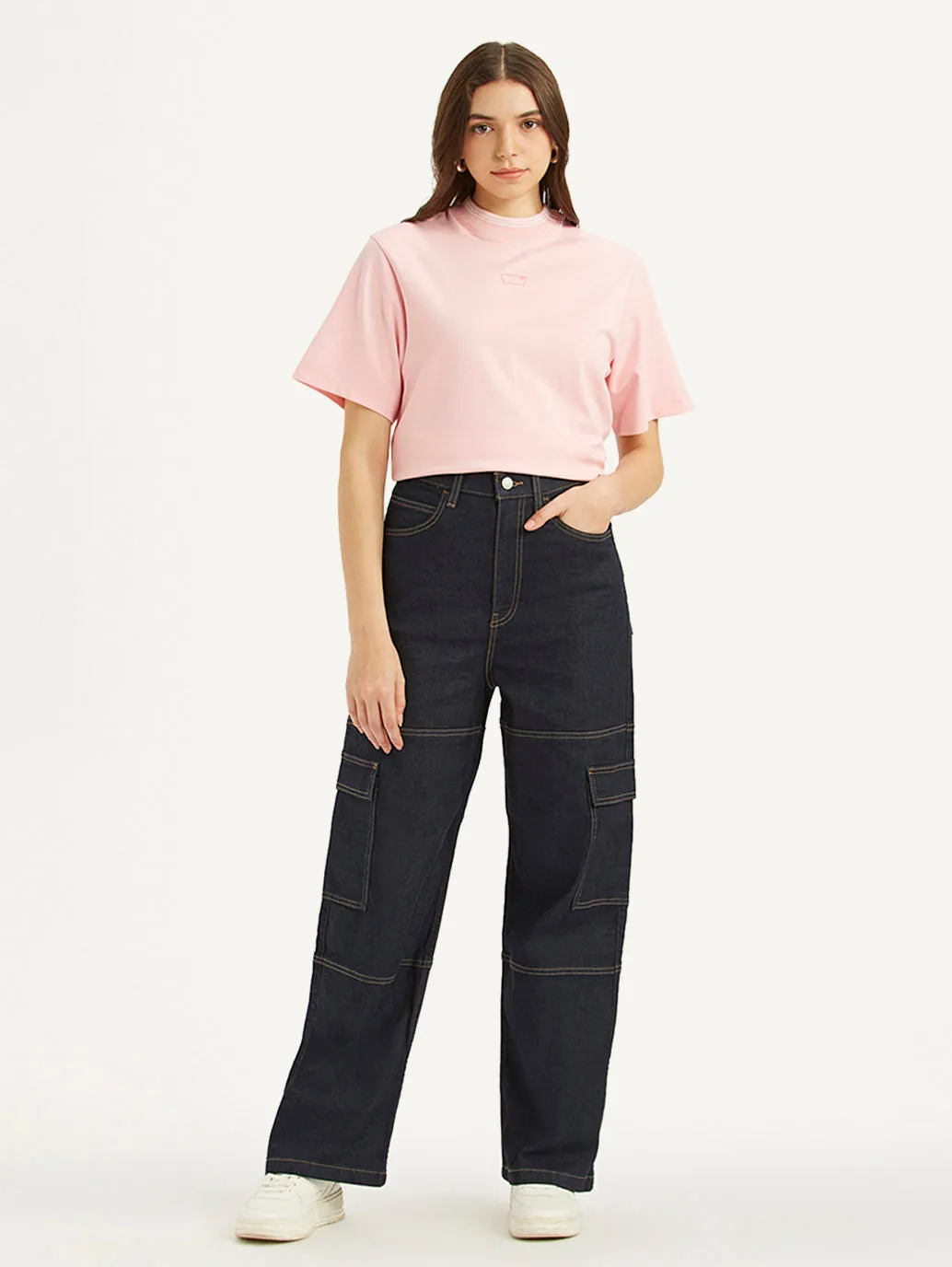 Women's Navy Blue Baggy Fit High Rise Jeans No Fuss Wear Move With Ease