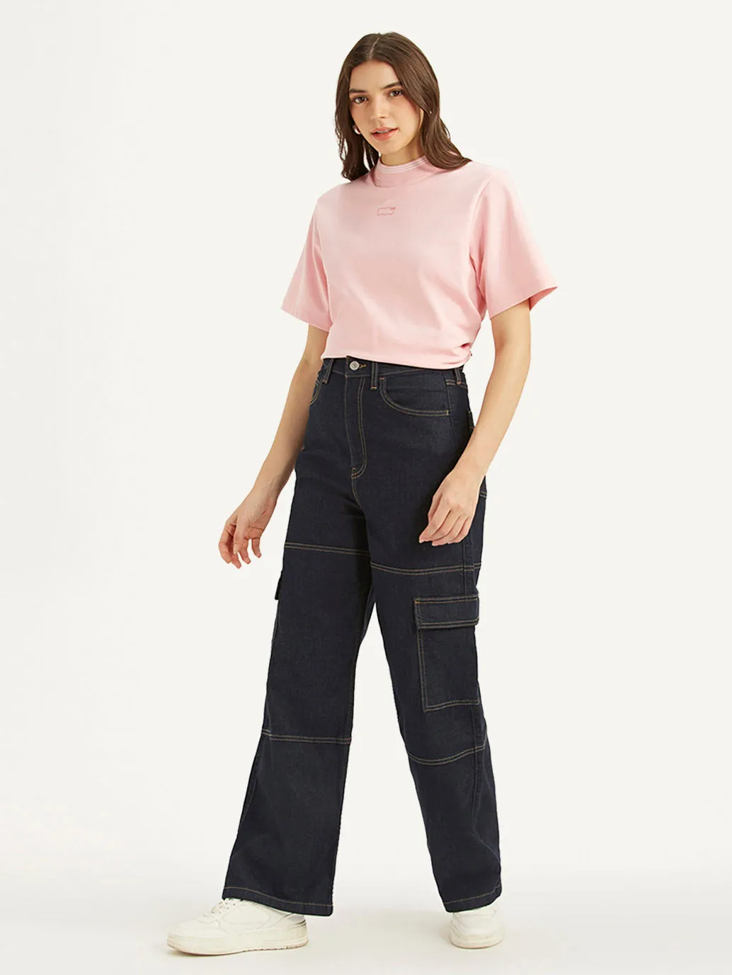 Women's Navy Blue Baggy Fit High Rise Jeans Lightweight Denim Blend Comfy Option