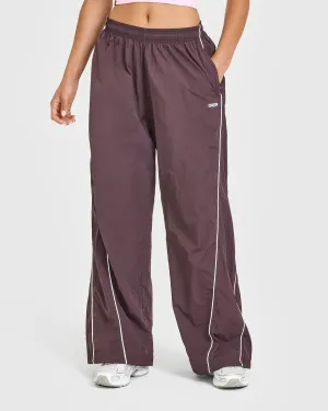 Oversized Piped Woven Straight Leg Track Bottoms | Deep Umber Brown Multi Pocket MachineWashableFabric Flexible Seam