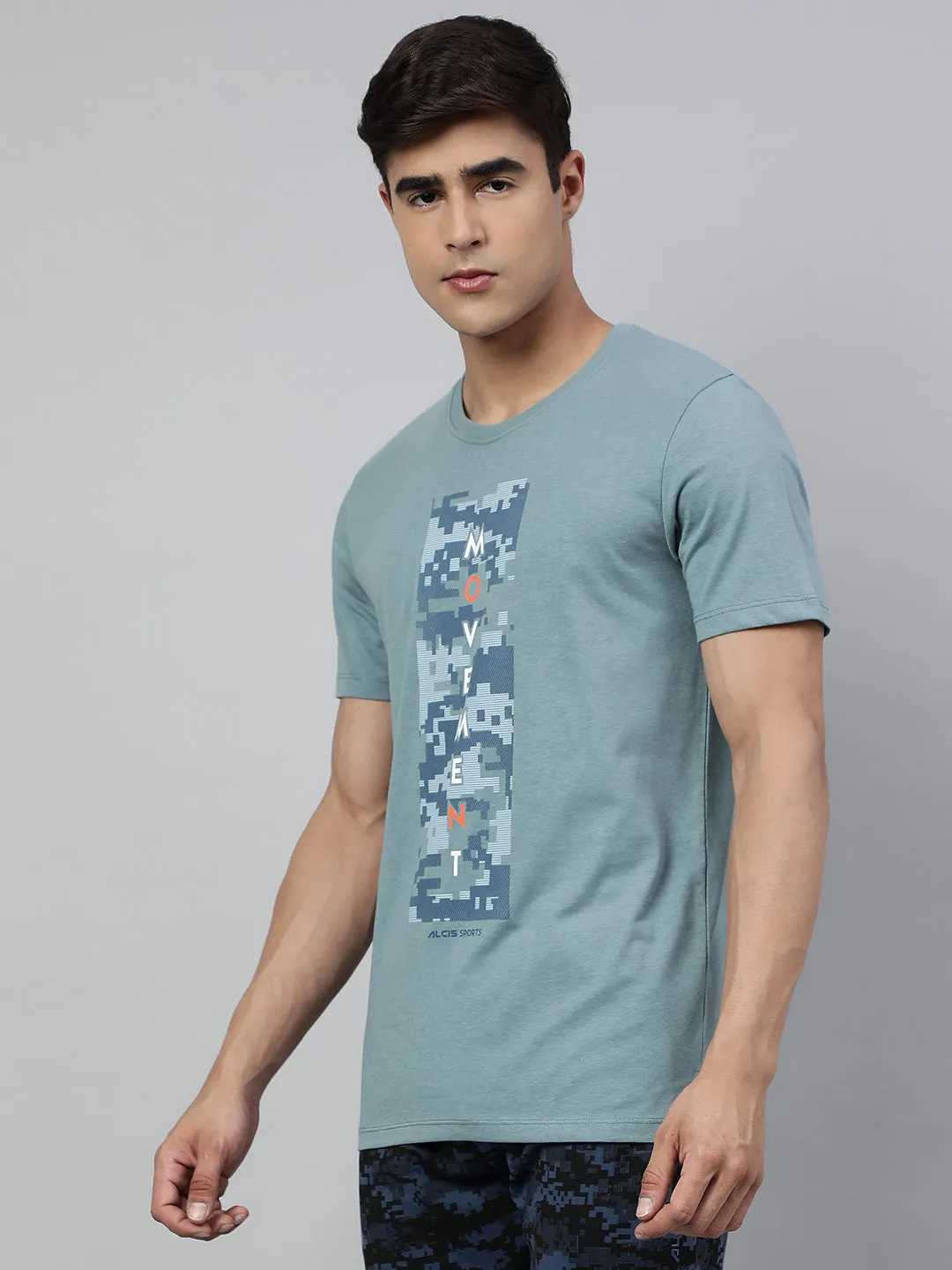 Strong Edge Modern Ease Alcis Men's Smoke Blue Soft-Touch Regular-Fit Athleisure T-Shirt