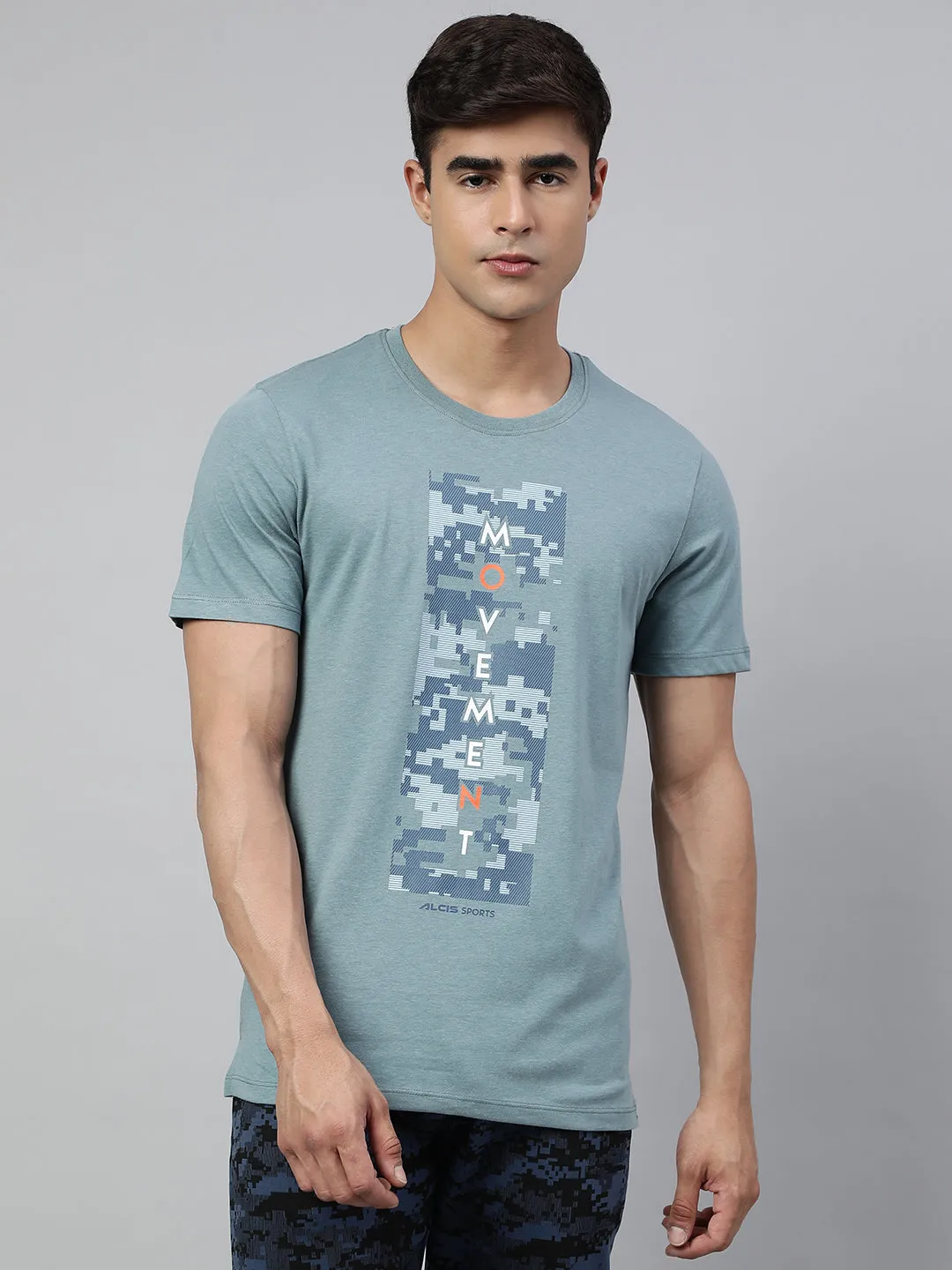 Alcis Men's Smoke Blue Soft-Touch Regular-Fit Athleisure T-Shirt LightweightWeave StretchableMaterial