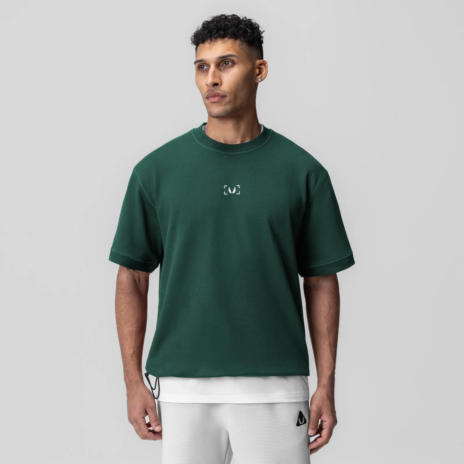 Double Stitched Hem Circular Knit Construction 1026. Herringbone Terry Oversized Cinch Tee - Forest Green