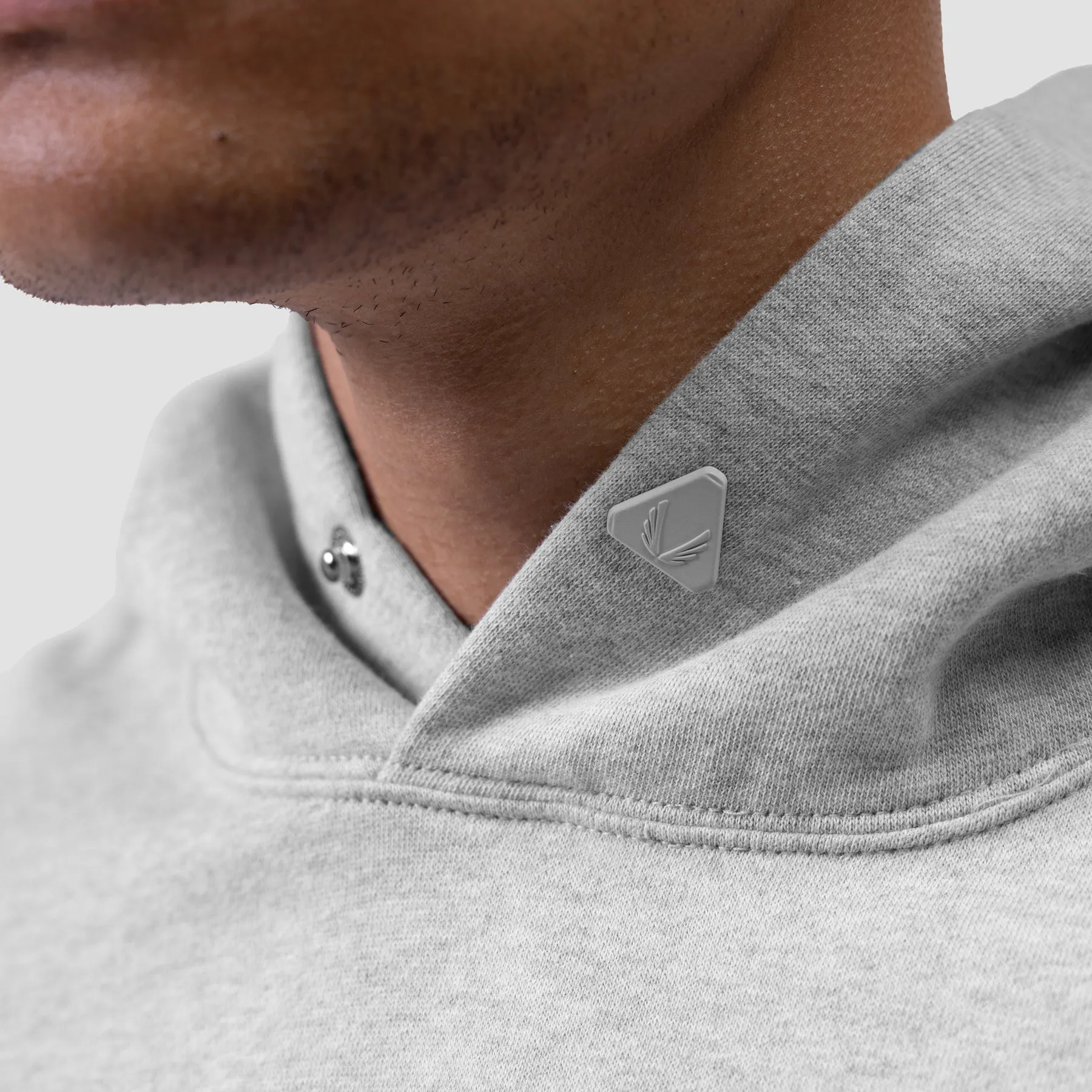 0920. Tech Essential? Distressed Hoodie - Heather Grey Yoke Back Design Cozy Inner Layer