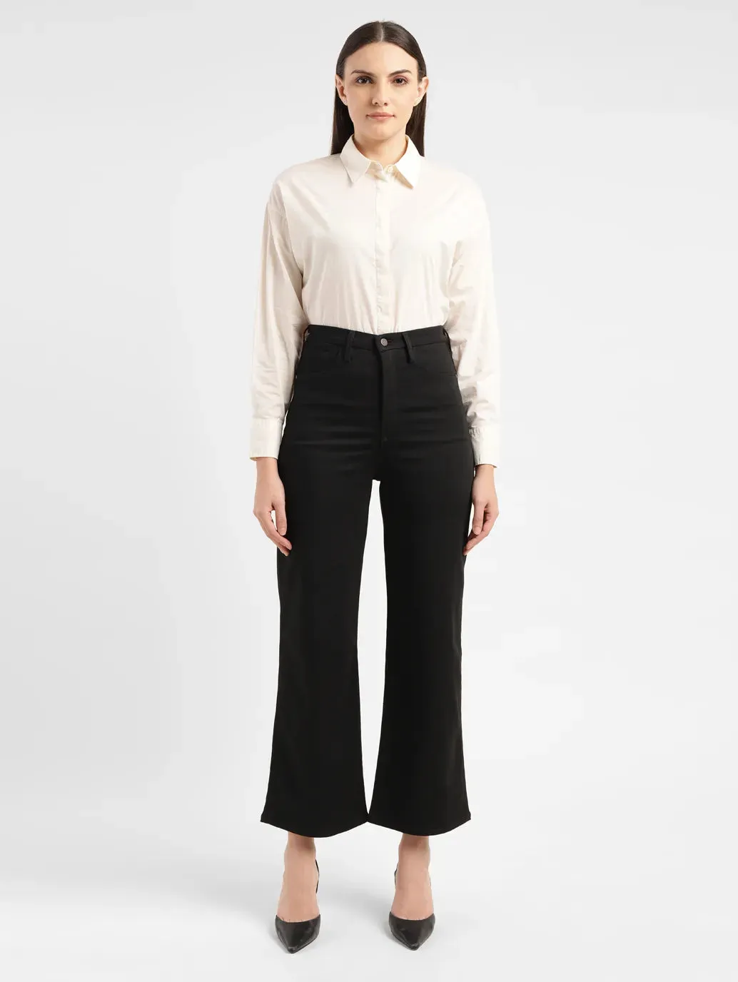 Street Inspired Women's Redloop Black Ribcage Bell Bottom Wide Leg Fit High Rise Jeans