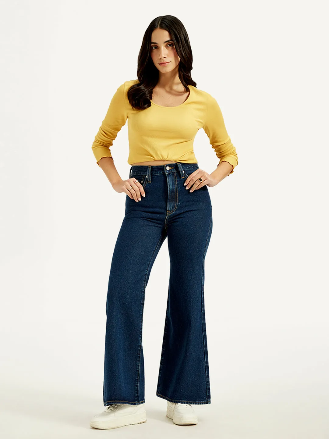 Regular Style No Iron Wear Women's Navy Blue Ribcage Bell Bottom Wide Leg Fit High Rise Jeans