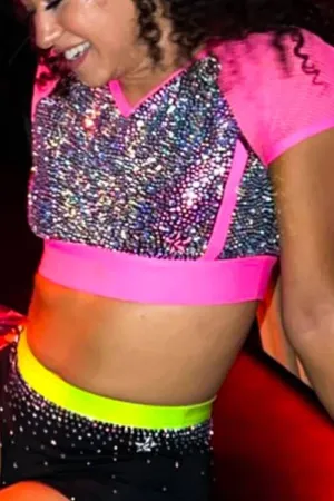 Mesh Sleeve Cropped Tee in Pink Crystal Couture - Special Order Village Charm Faith Core
