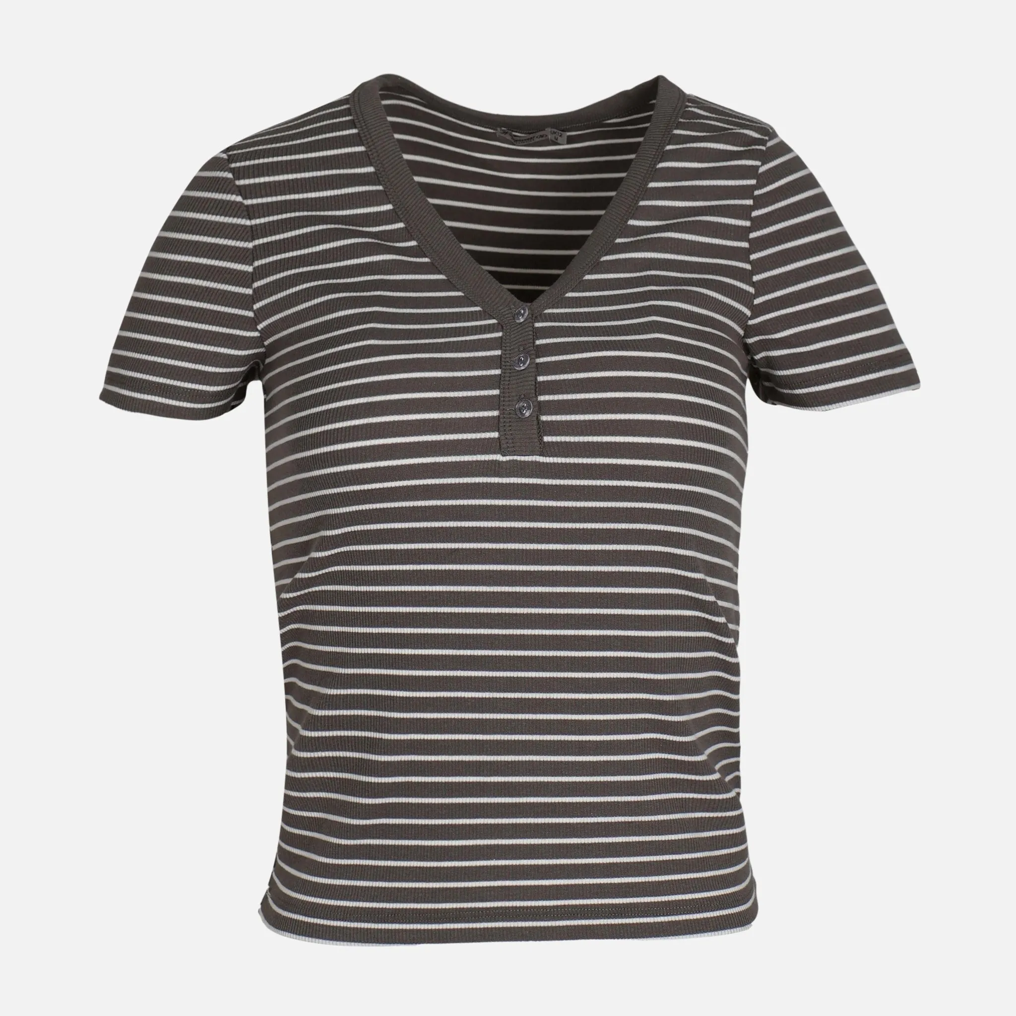 WOMEN RIB BUTTONED STRIPED TEE NonIrritating Seams Universal Clasp Mechanism