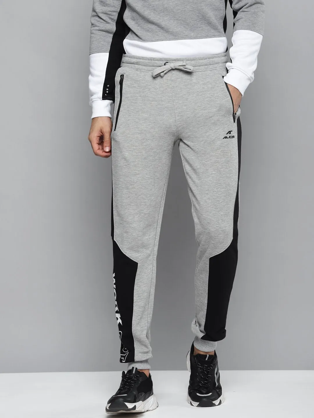 Alcis Men Grey Melange & Black Solid Slim Fit Joggers High Waist Stretch All Use