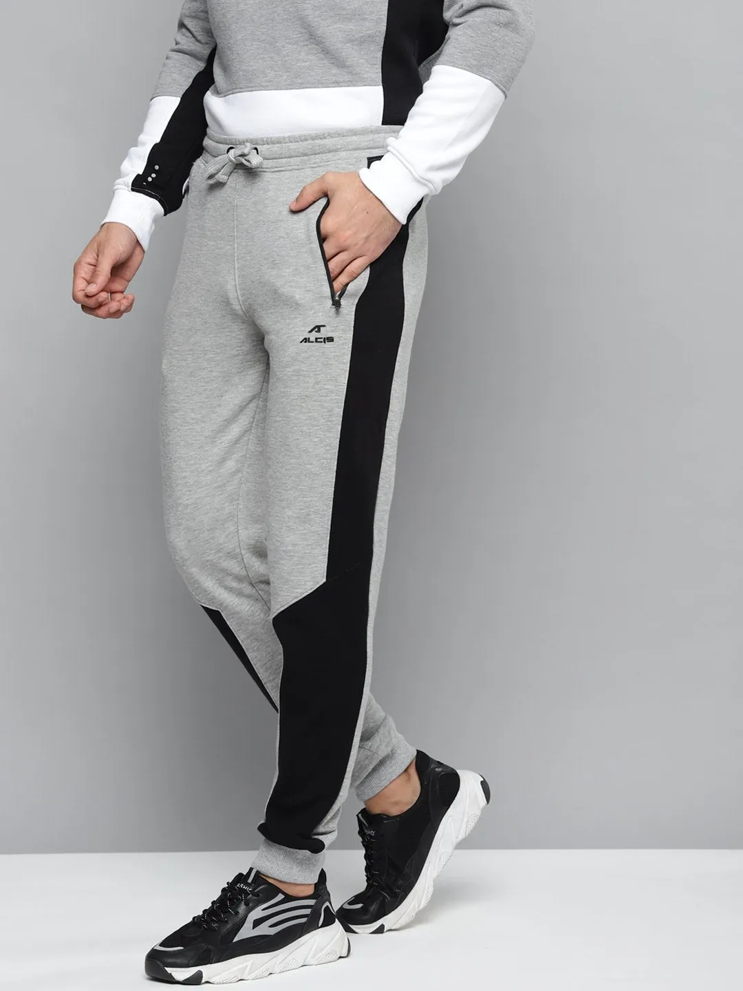 All-Season Wear Alcis Men Grey Melange & Black Solid Slim Fit Joggers