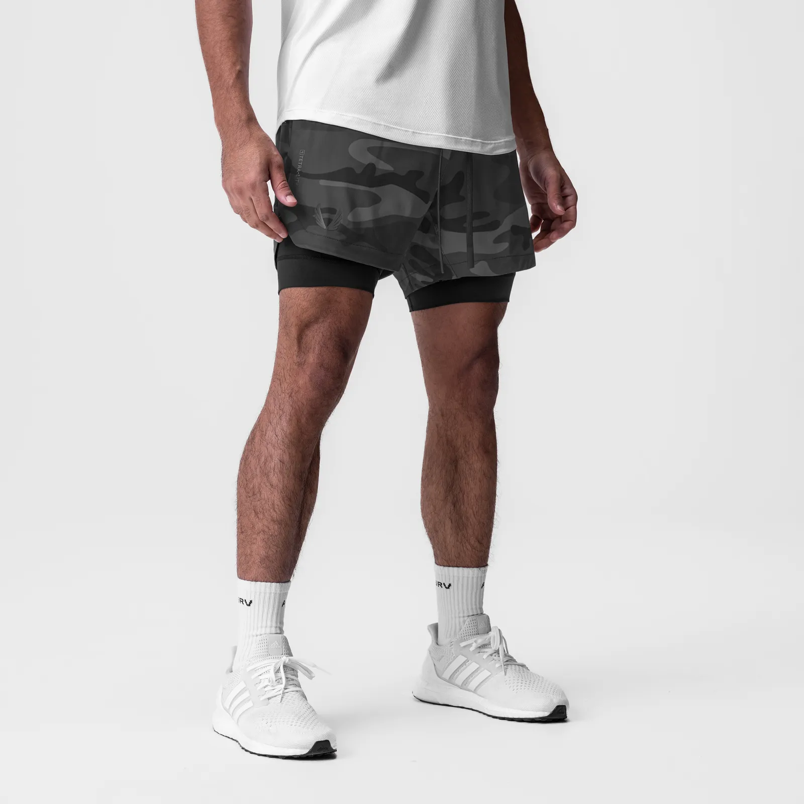 0866. Tetra-Lite? 7" Liner Short - Black Camo "Wings"/Black Stretchable Waistband Smooth Fabric
