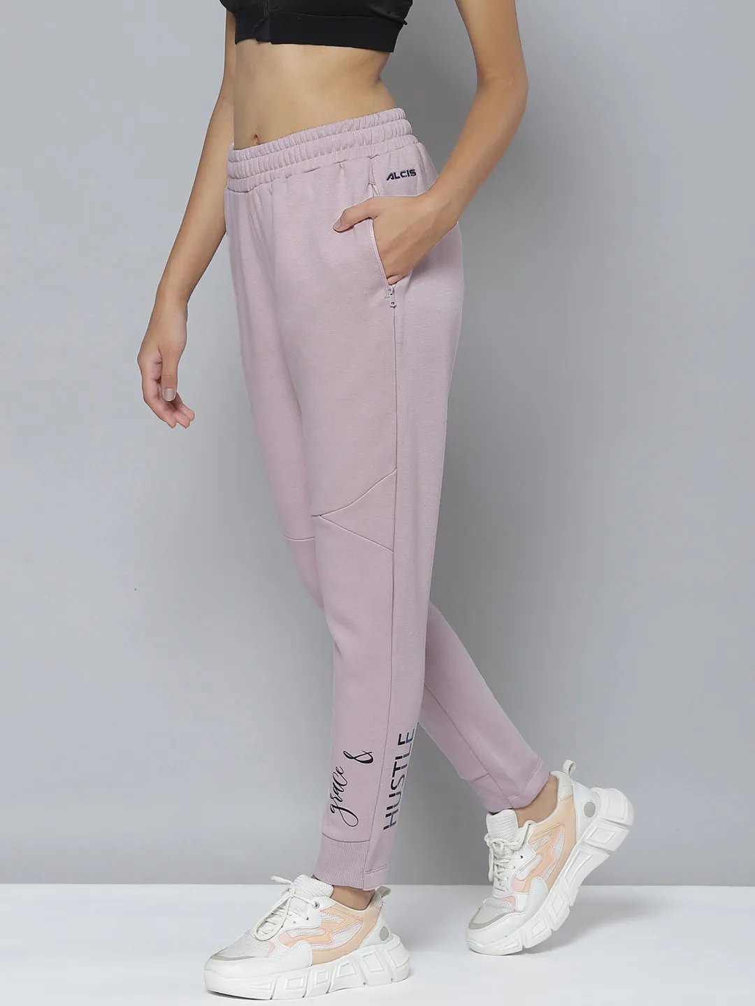 Alcis Women Lavender Typography Printed Slim Fit Sports Joggers Flared bottom
