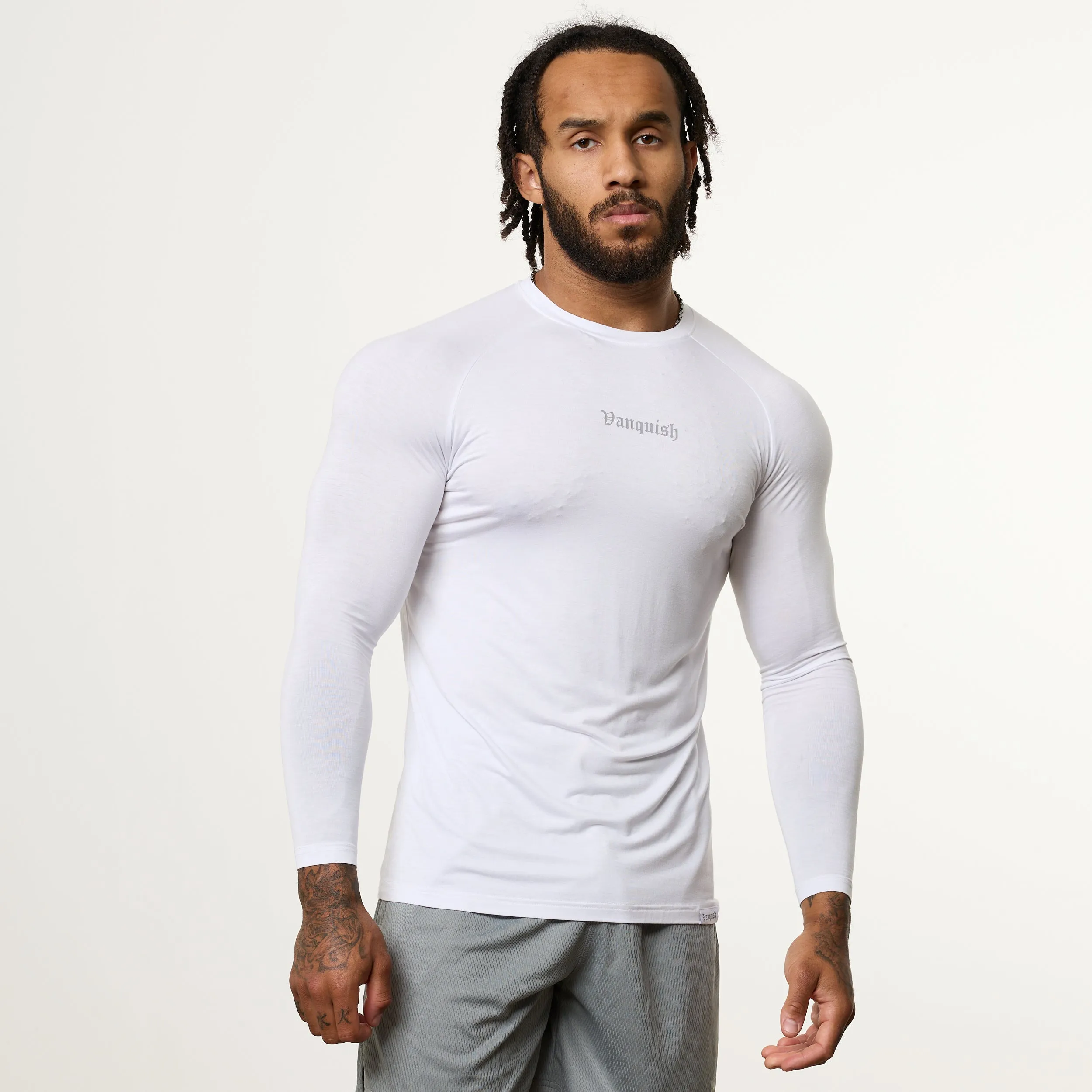 Vanquish Ultra Soft White Long Sleeve Slim Fit T Shirt Stretch Jersey Knit Non Shrink Material
