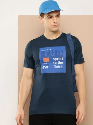Hero Tale Alcis Men Blue Typography Printed Anti Static Slim Fit Sports T-shirt