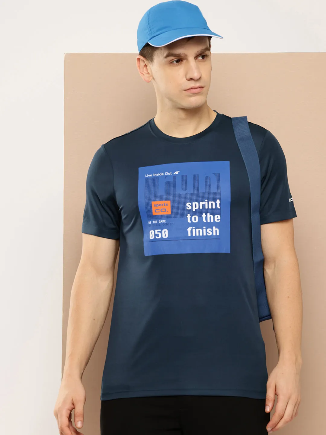 Hero Tale Alcis Men Blue Typography Printed Anti Static Slim Fit Sports T-shirt
