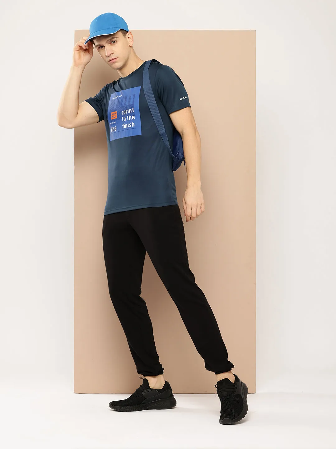StaticResistantLining Adjustable Waistbands Alcis Men Blue Typography Printed Anti Static Slim Fit Sports T-shirt