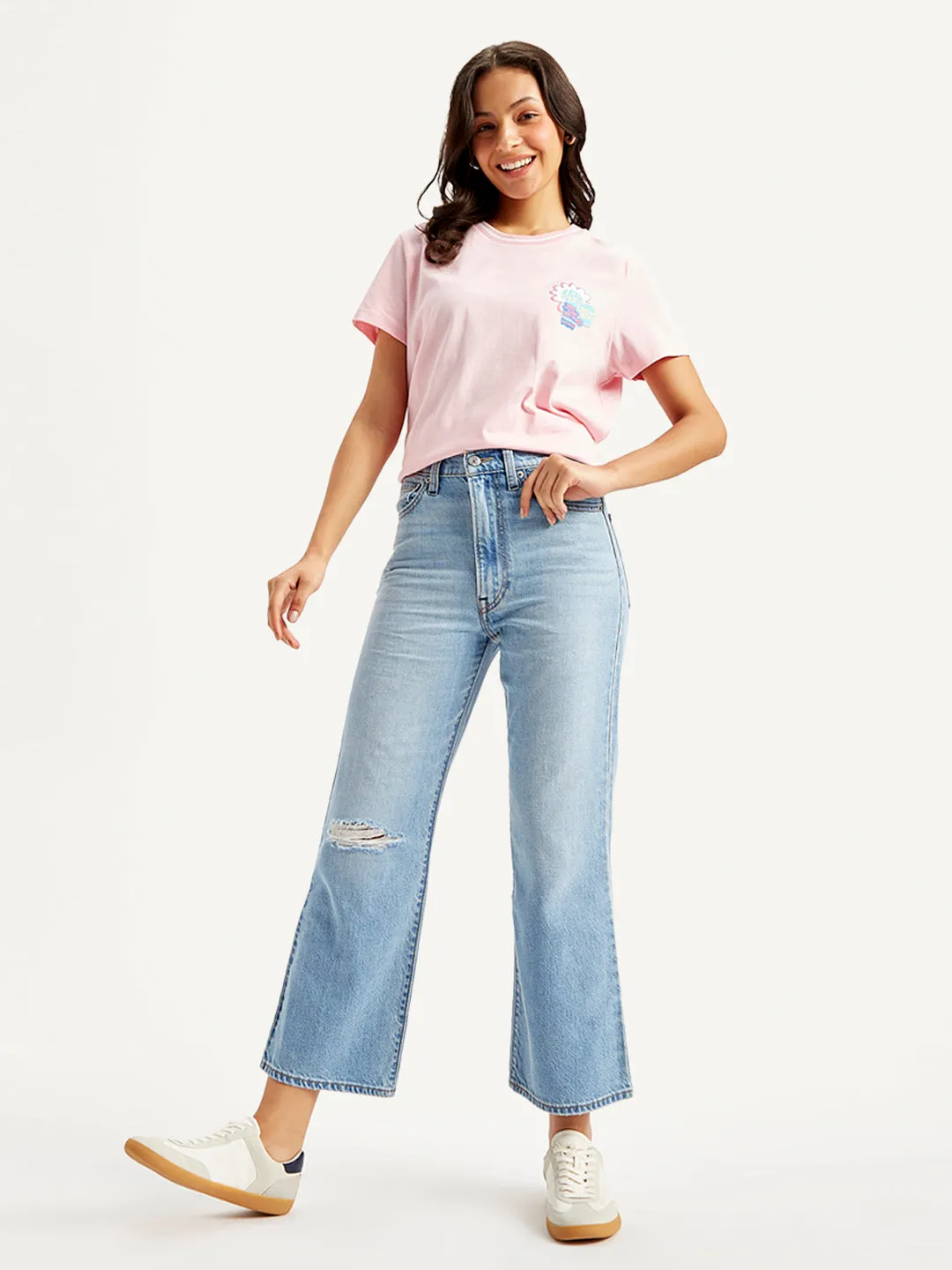 Smooth Breathable Women's Blue Ribcage Cropped Bootcut Fit High Rise Jeans