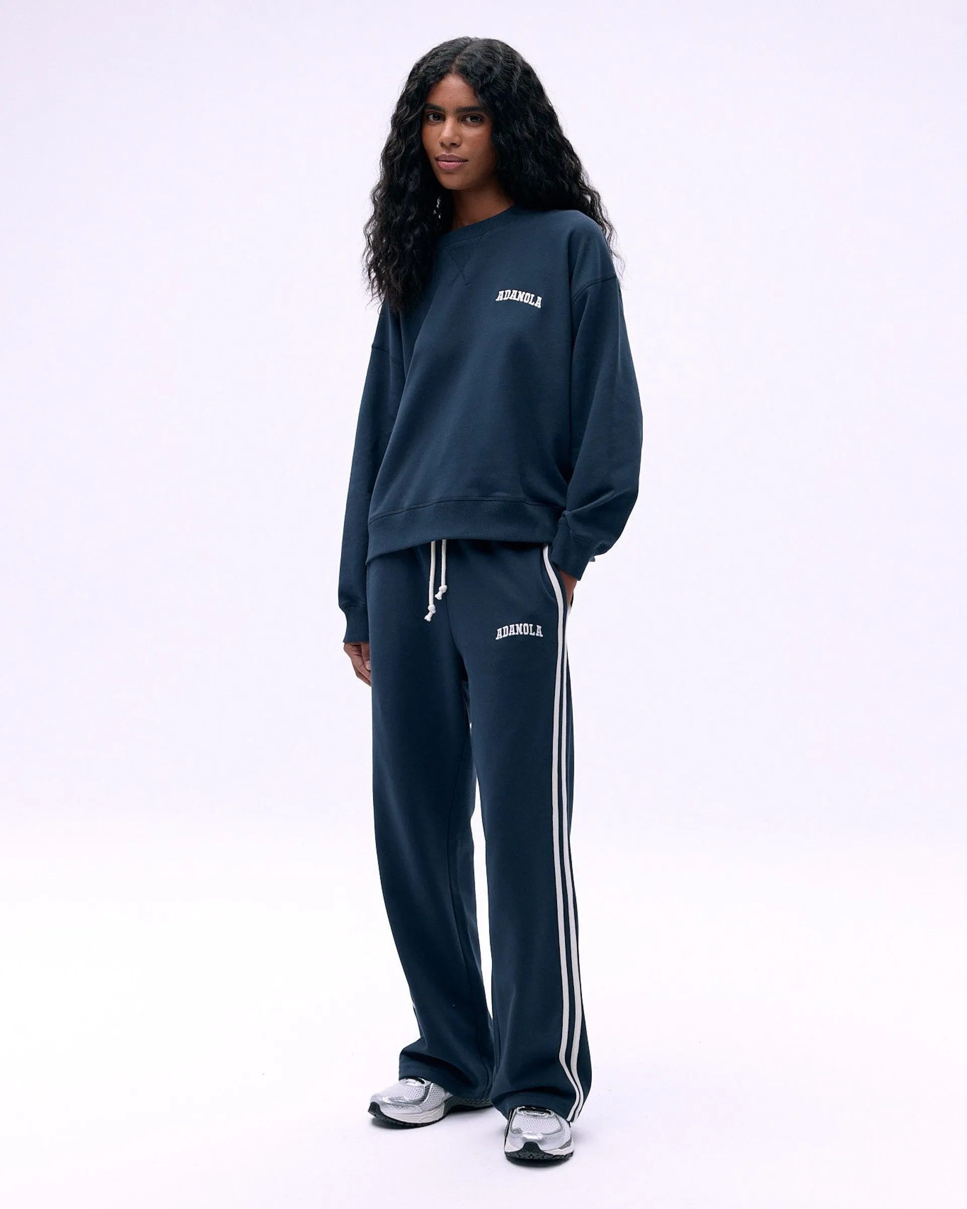 Water Resistant Finish On The Go Varsity Loose Fit Sweatpants - Midnight Blue/Marshmallow White