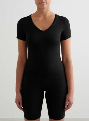 Weekend Outfit Sporty Style Black Soft Basic V-Neck Short Sleeve