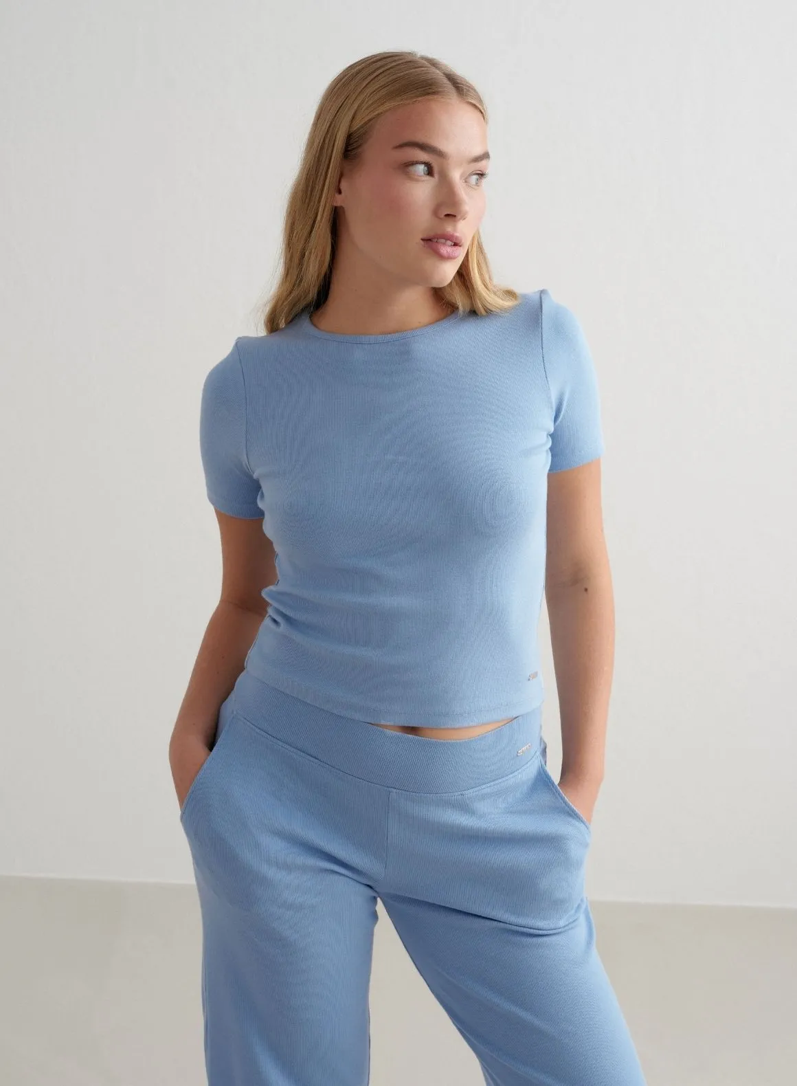 Blue Mist Ease Ribbed Short Sleeve Ethically Sourced Materials