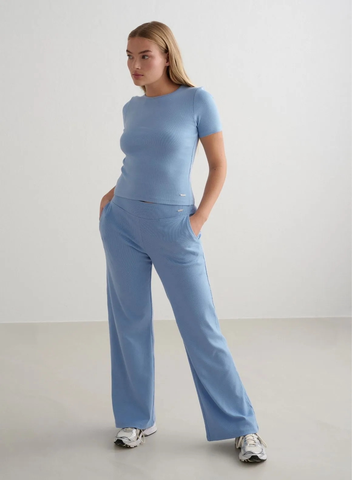 Blue Mist Ease Ribbed Short Sleeve Lightweight Weave