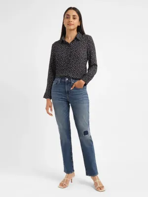 Women's 724 Blue Straight Fit High Rise Jeans Flat Lock Stitching