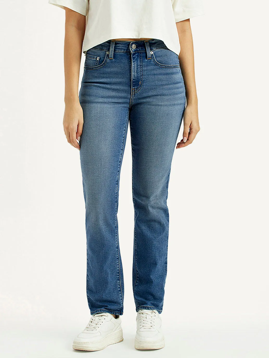 Women's 724 Med Indigo Straight Fit High Rise Jeans Riveted Stress Points Flex Knit Waist Panel