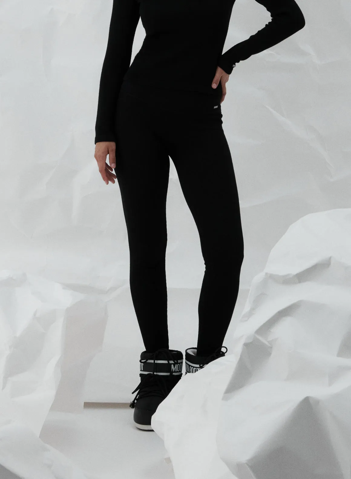 Multi Panel Construction Black Ribbed Wool Leggings