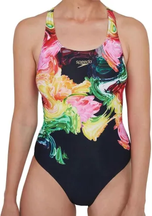 Speedo ColourBlend Placement Digital Powerback Womens Swimsuit - Black Vacation Packing Abstract-Art