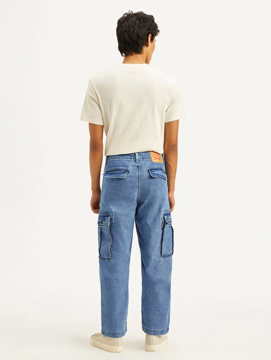 Men's Blue Straight Fit Mid Rise Cargo Jeans Acid Wash Effect Minimal Shrinkage Fabric