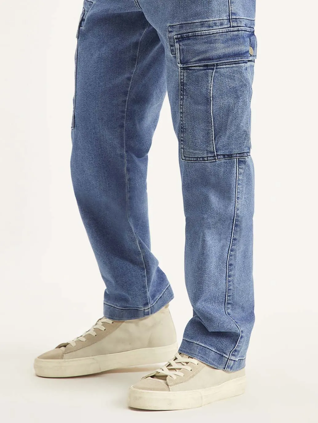 Men's Blue Straight Fit Mid Rise Cargo Jeans Low Impact Dye