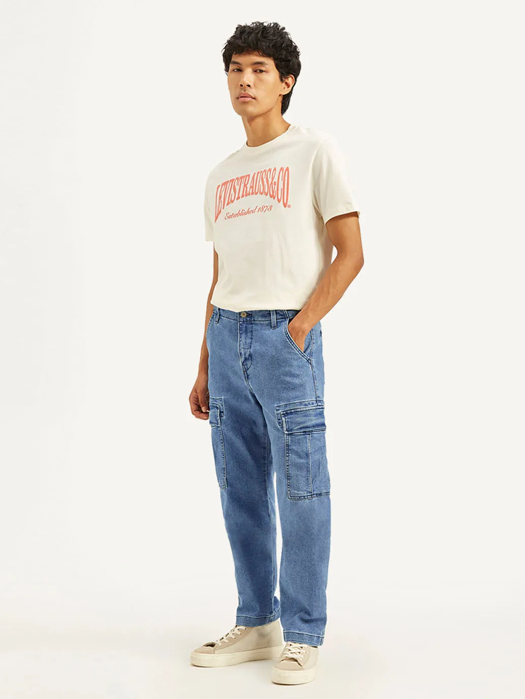 Men's Blue Straight Fit Mid Rise Cargo Jeans Stain Release Finish Neutral Loose