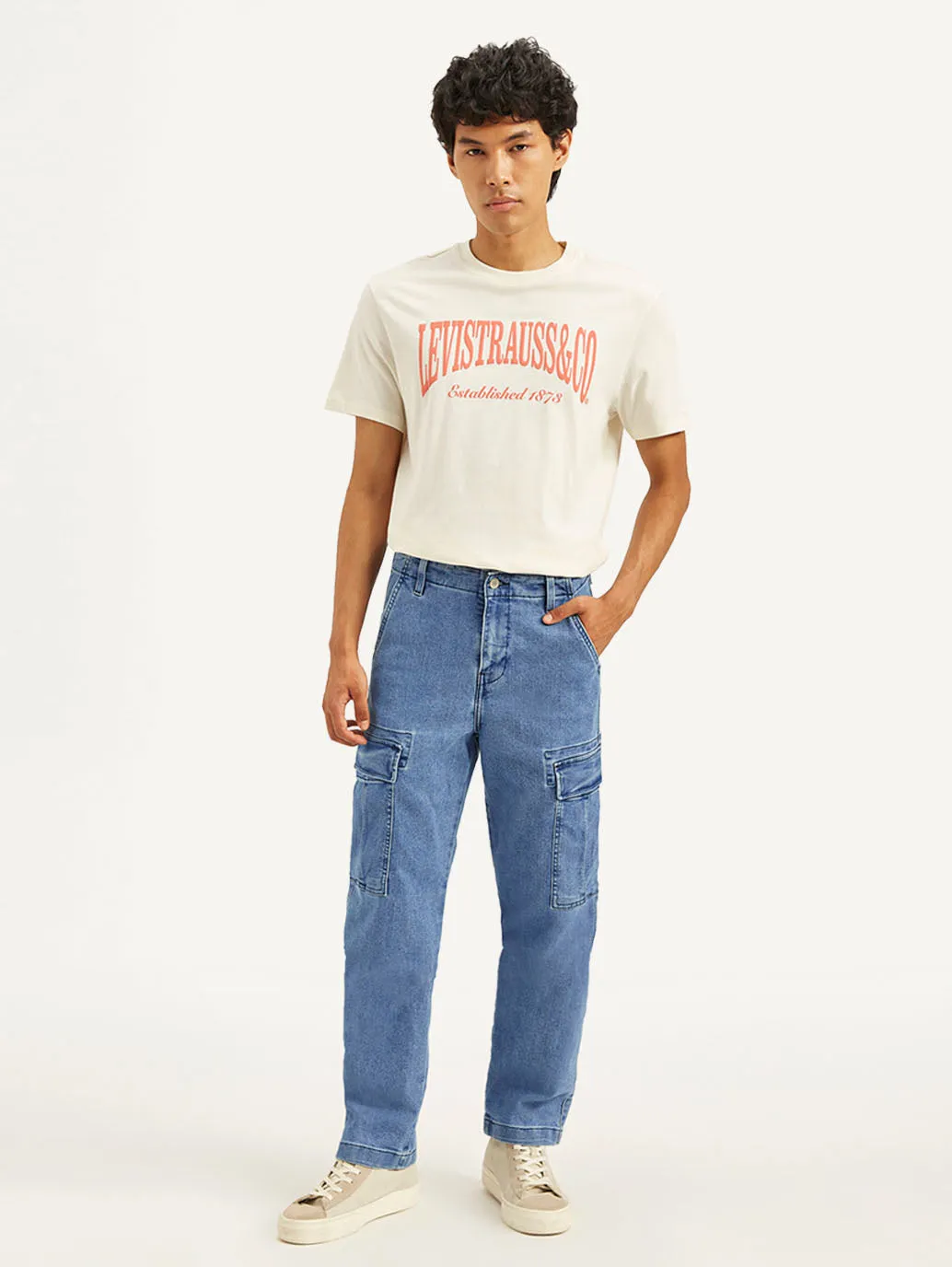 Weekend Getaway Outdoor Adventure Picnic Style Daywear Style Men's Blue Straight Fit Mid Rise Cargo Jeans