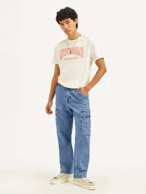 Modern Minimalist Stretch Men's Blue Straight Fit Mid Rise Cargo Jeans