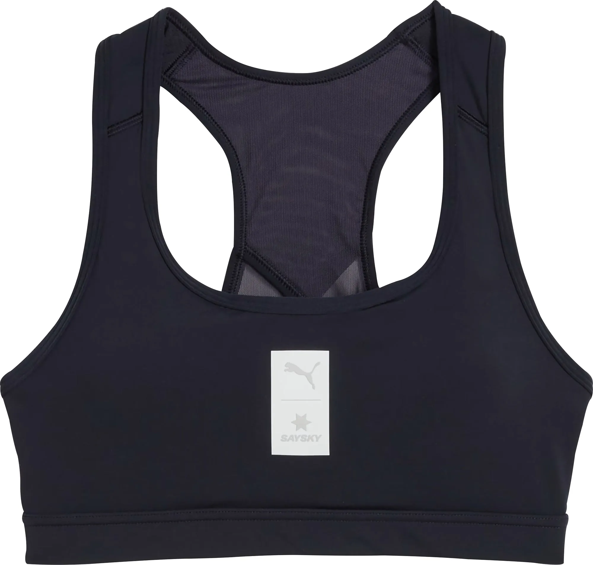 Puma X SAYSKY Womens Running Sports Bra - Blue Embroidered edges Topstitching seams