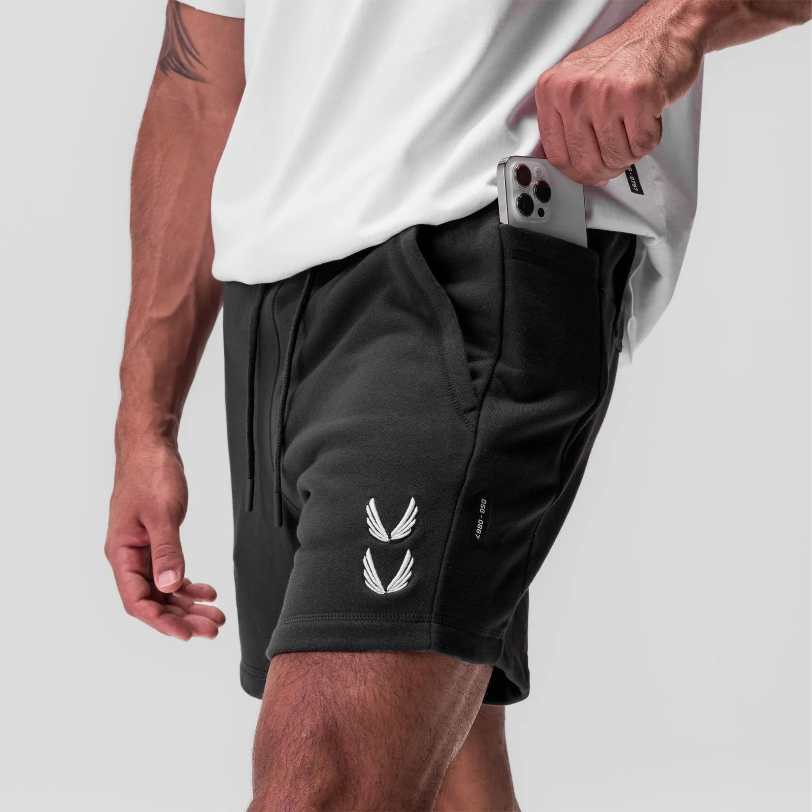 ribbed texture 0867. Tech-Terry? Sidelock Sweat Short - Black "Stacked Wings"