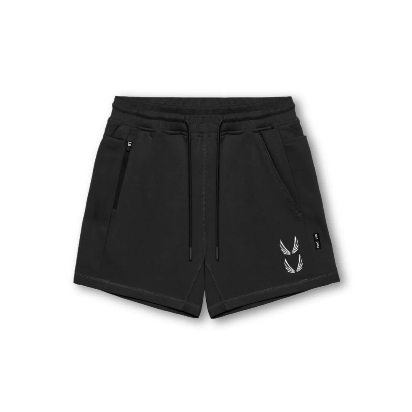 0867. Tech-Terry? Sidelock Sweat Short - Black "Stacked Wings" Double Layered Hem