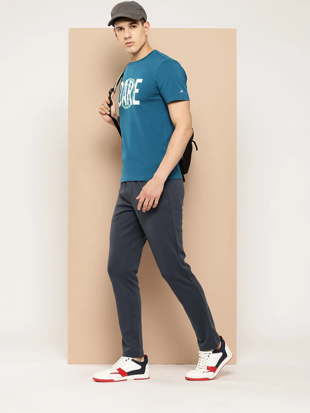 WrinkleFreeTexture Reinforced Knees Alcis Men Blue White Typography Printed T-shirt