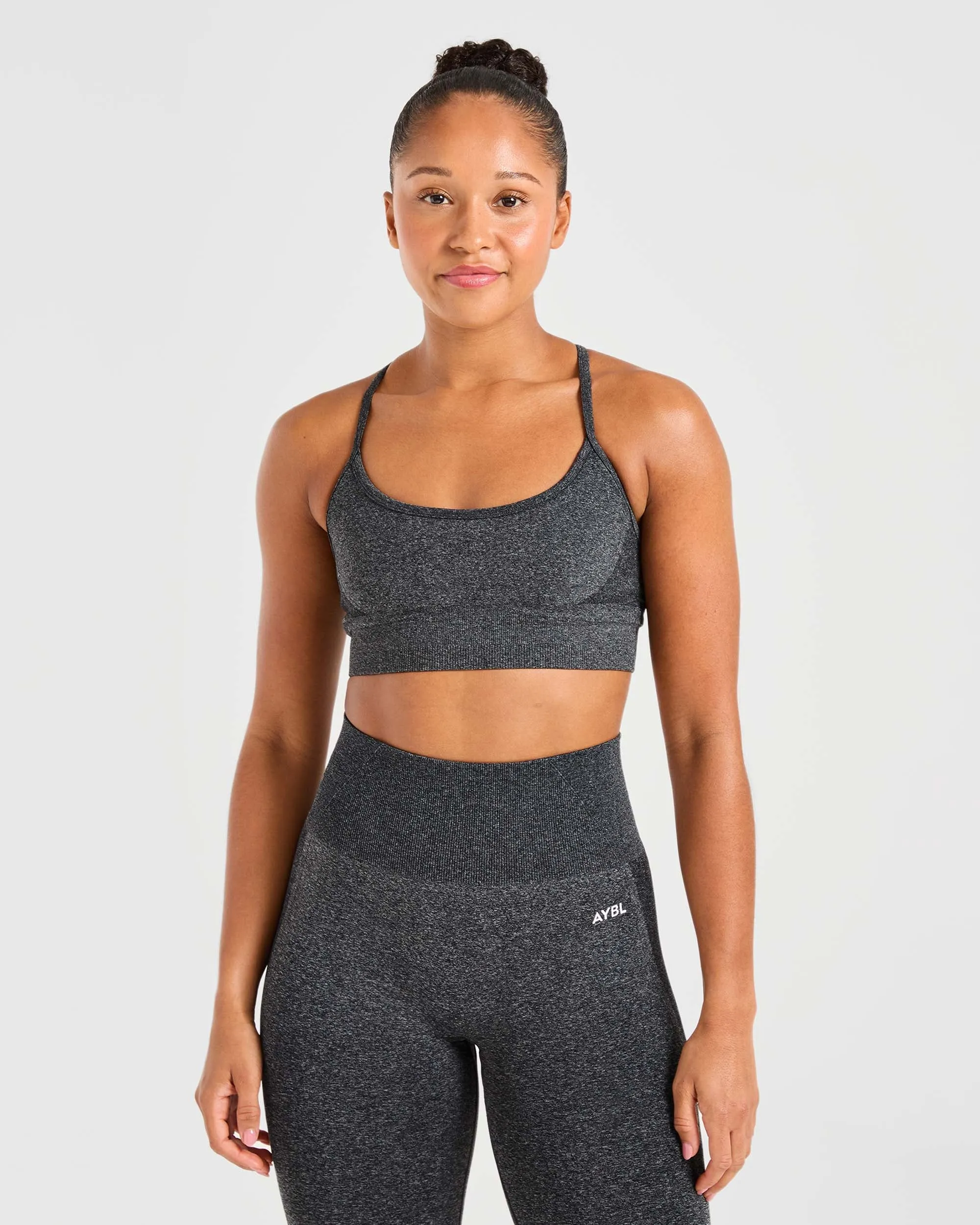Turtleneck seams Mock neck Empower Seamless Sports Bra - Black Marl