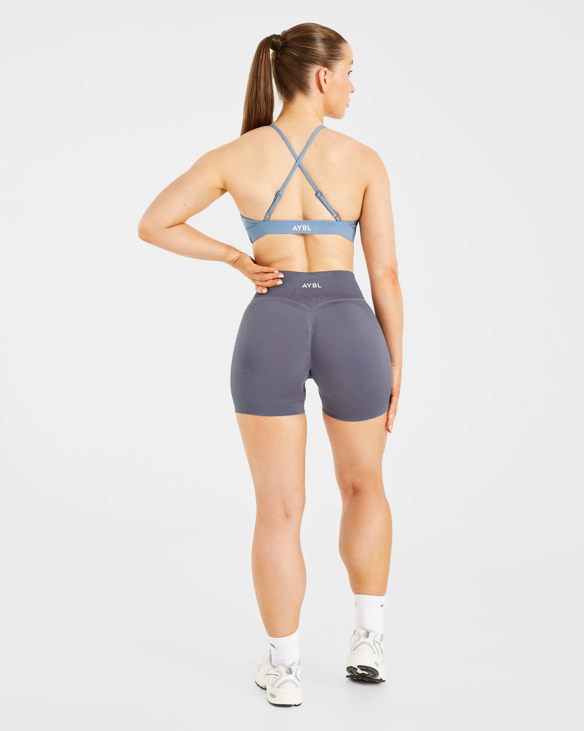 Essential Twist Crossback Sports Bra - Slate Blue Seamless Structure Secure Closure System
