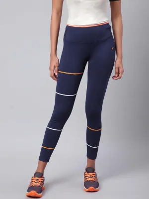 Alcis Women Navy Blue Striped Secure Fit Cropped Training Tights Reinforced Stitching