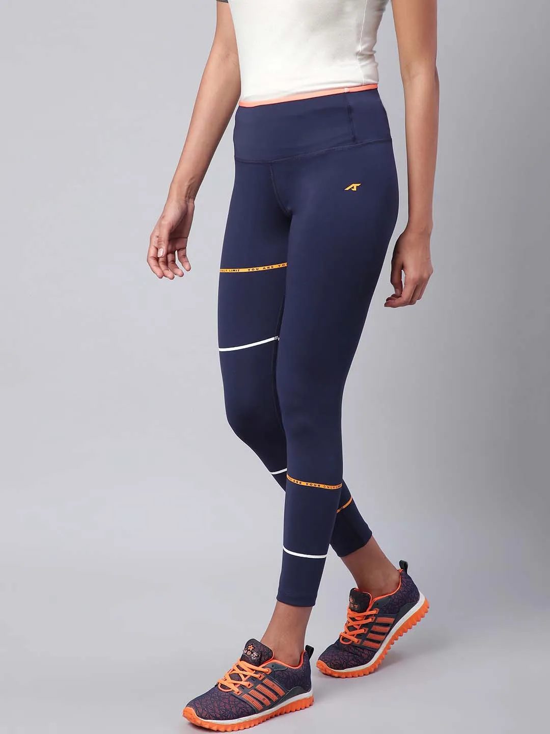 Breathable Fabric Morning Stretch Alcis Women Navy Blue Striped Secure Fit Cropped Training Tights