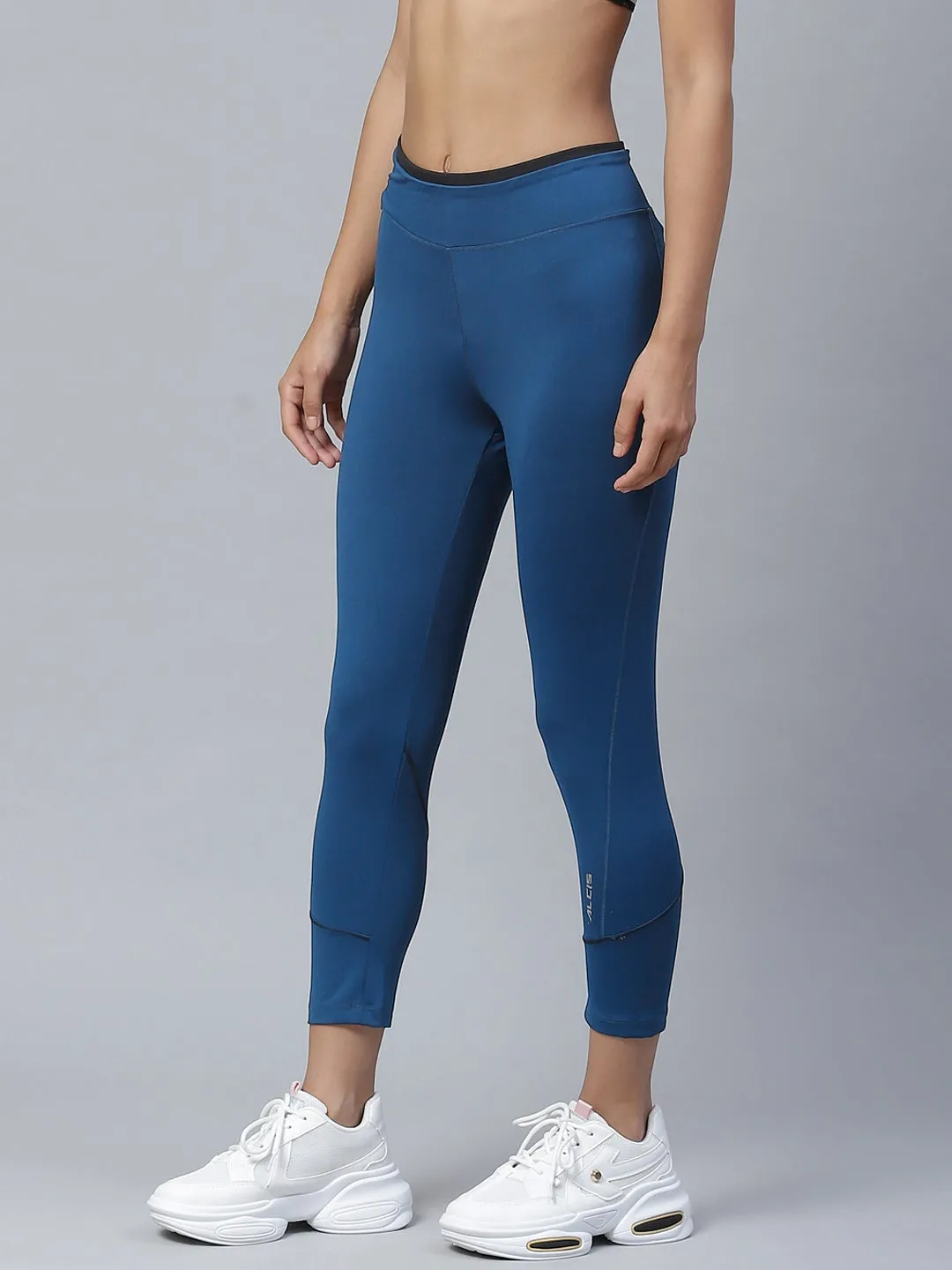 Sleek Active Budget Friendly Camping Gear Alcis Women Teal Blue Solid Knitted Running Tights