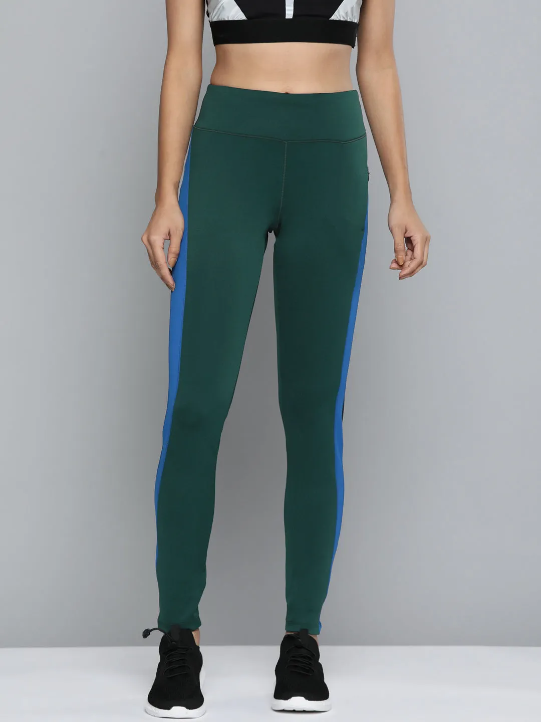 Alcis Women Green & Blue Solid Tights Silicone Hem Binding
