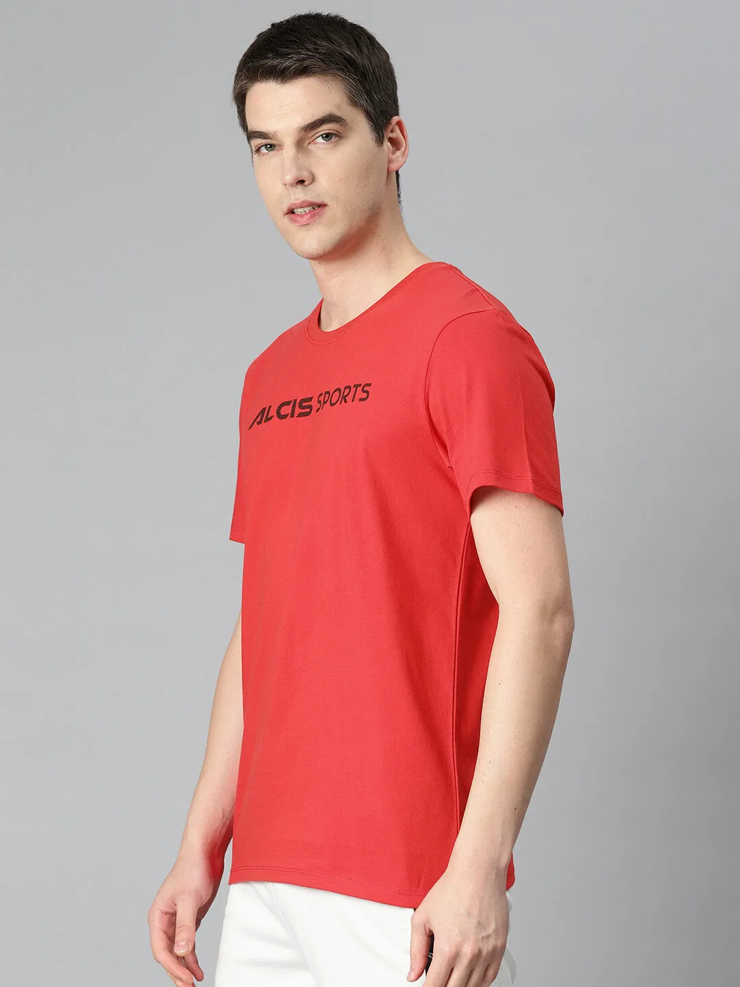 Alcis Men Red Typography Printed Sports T-shirt DoubleStitchedEdges LightweightMaterial